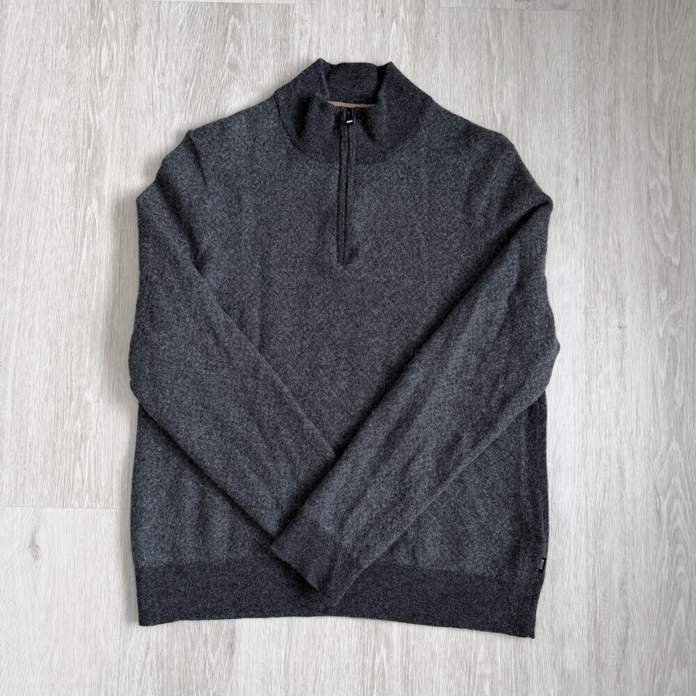 Hugo Boss Sweater Men's Dark Grey 1/4 Zip 100% Virgin Wool Size XL EUC